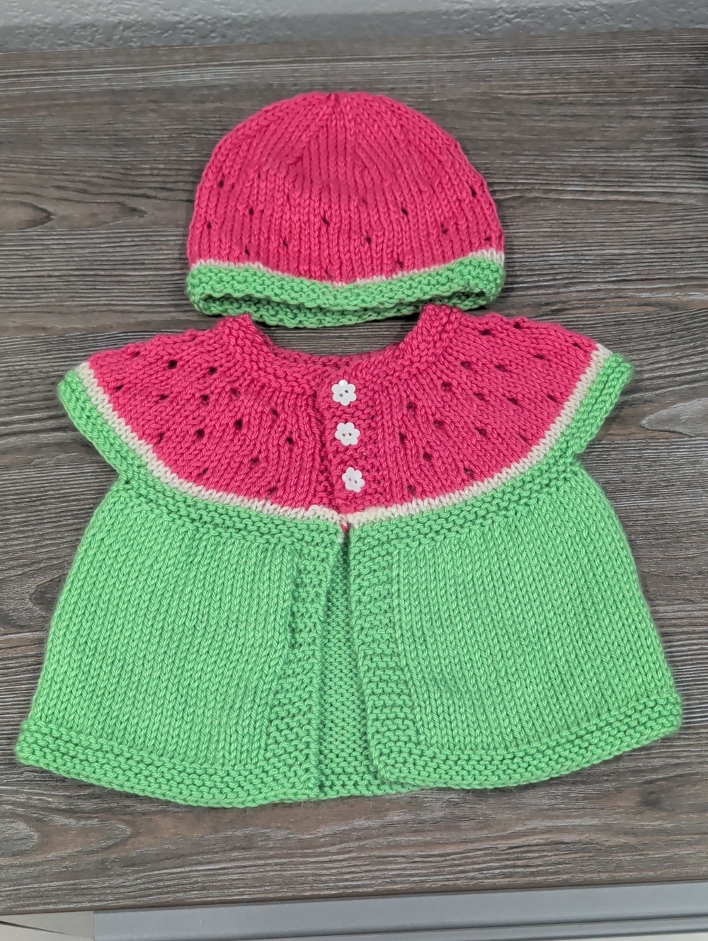 New Handknit Watermelon Sweater & Matching Hat Set Baby Girl 3 / 6 Month